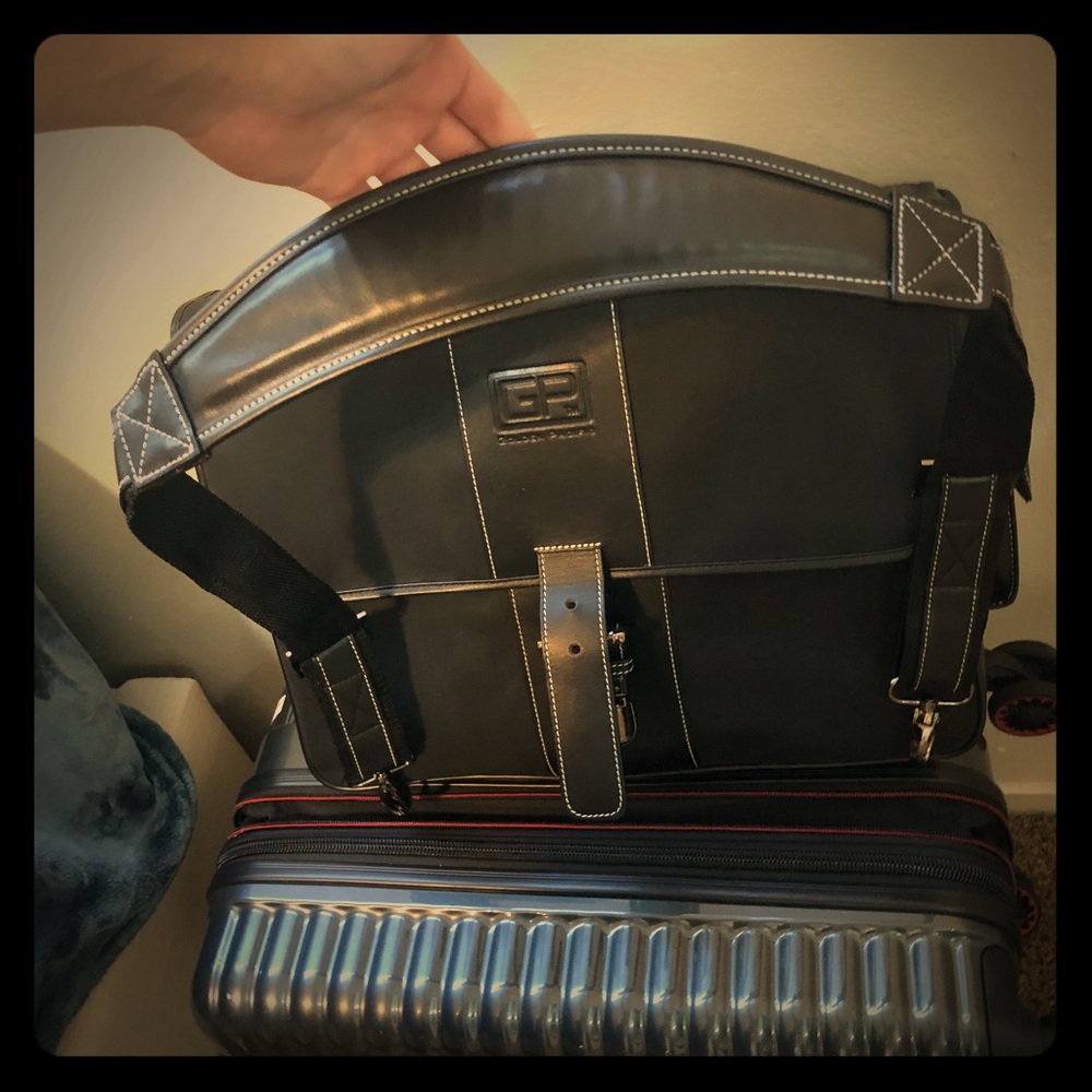 Real Leather Black Laptop Bag w Buckle - Designer